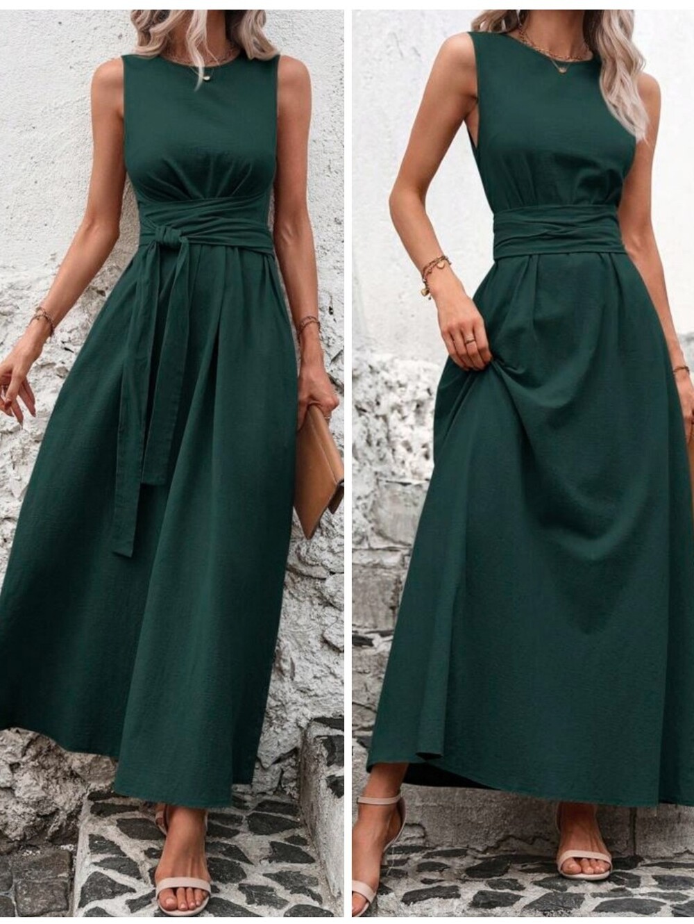 New Textured Cotton High Neck Wrap Tie Waist Maxi Dress Dark Green